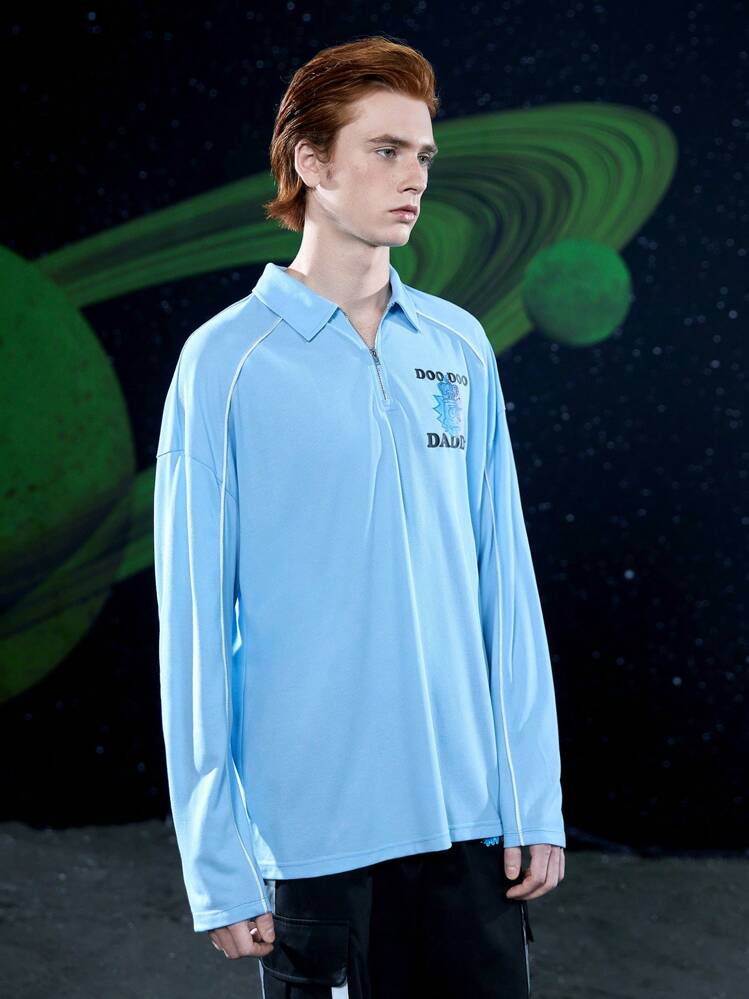 Rick and Morty X SHEIN 男士字母和卡通圖案落肩T恤 - 淺藍色 - 查看 6