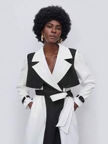 Maija Hai âm Cổ áo Thắt lưng Áo khoác Trench - Đen và trắng - Xem 2