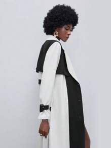 Maija Hai âm Cổ áo Thắt lưng Áo khoác Trench - Đen và trắng - Xem 4