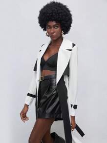 Maija Hai âm Cổ áo Thắt lưng Áo khoác Trench - Đen và trắng - Xem 7