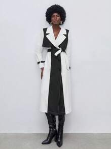 Maija Hai âm Cổ áo Thắt lưng Áo khoác Trench - Đen và trắng - Xem 8