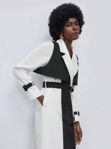 Maija Hai âm Cổ áo Thắt lưng Áo khoác Trench - Đen và trắng - Xem 9