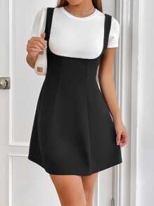 SHEIN EZwear Solid Pinafore Dress Without Tee - Black - View 2