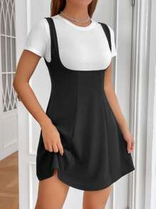 SHEIN EZwear Solid Pinafore Dress Without Tee - Black - View 4
