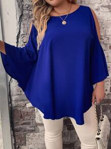 SHEIN Clasi Hơn Vai lạnh tay cánh Chất rắn Áo sơ mi - Màu xanh lam - Xem 1