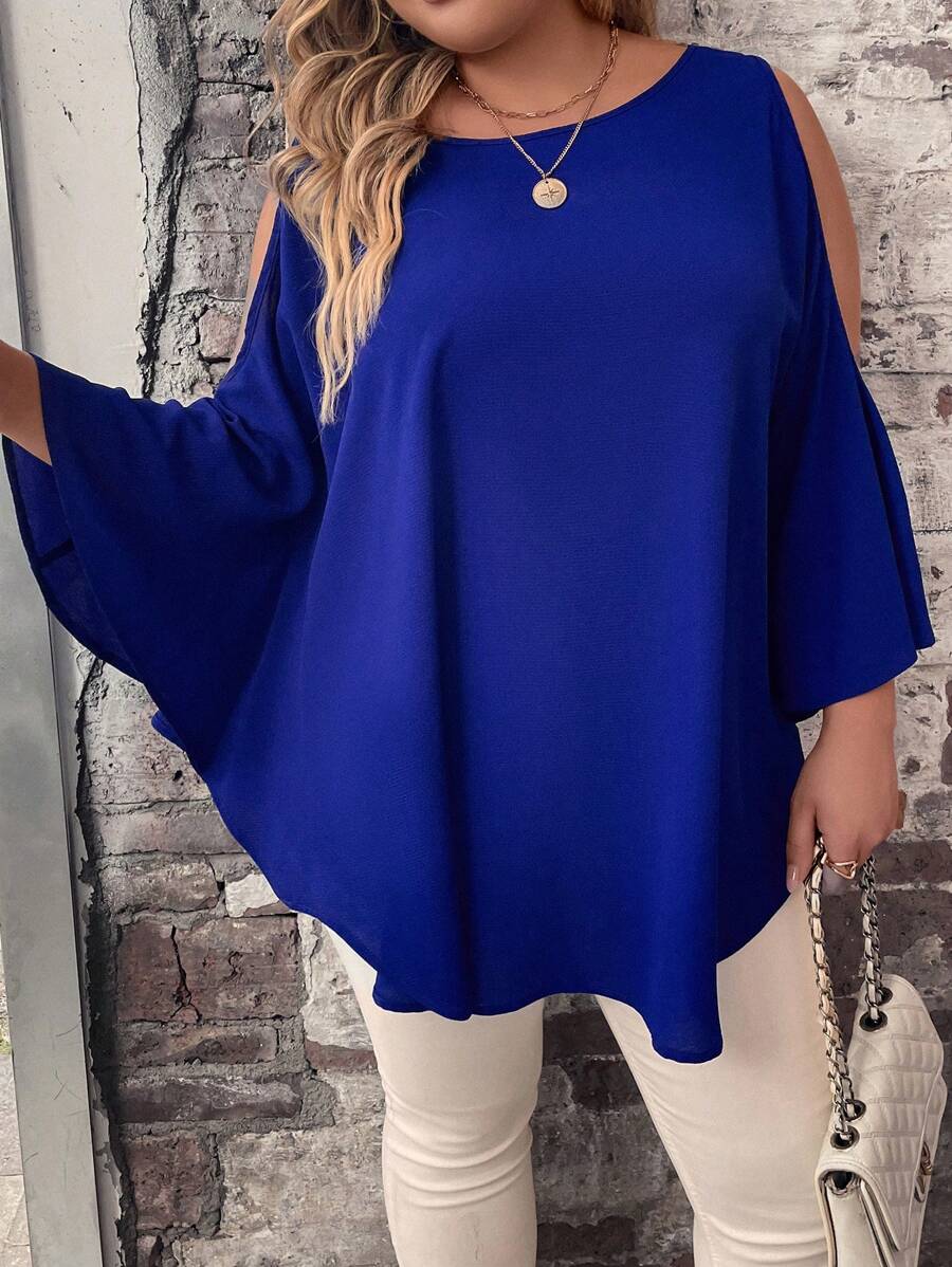 SHEIN Clasi Hơn Vai lạnh tay cánh Chất rắn Áo sơ mi - Màu xanh lam - Xem 1