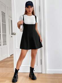 SHEIN EZwear Solid Pinafore Dress Without Tee - Black - View 6