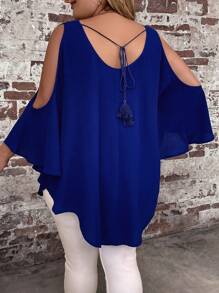 SHEIN Clasi Hơn Vai lạnh tay cánh Chất rắn Áo sơ mi - Màu xanh lam - Xem 2