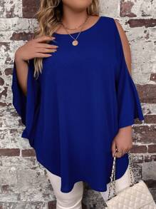 SHEIN Clasi Hơn Vai lạnh tay cánh Chất rắn Áo sơ mi - Màu xanh lam - Xem 4