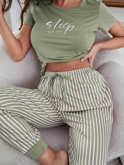 Miss Vinta Letter Graphic Tee Gestreepte Pants PJ Set Pajama Holiday Season