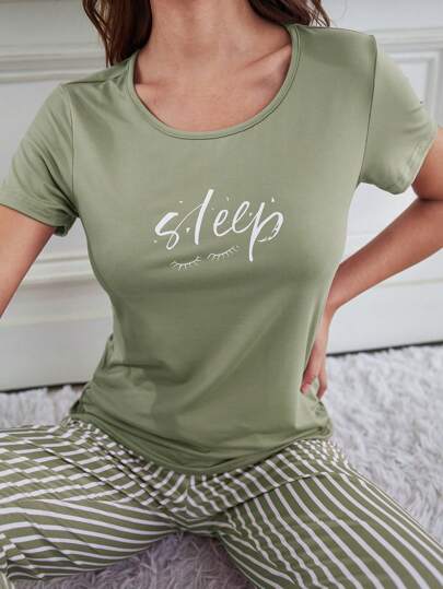 Miss Vinta Letter Graphic Tee Gestreepte Pants PJ Set Pajama Holiday Season view 3