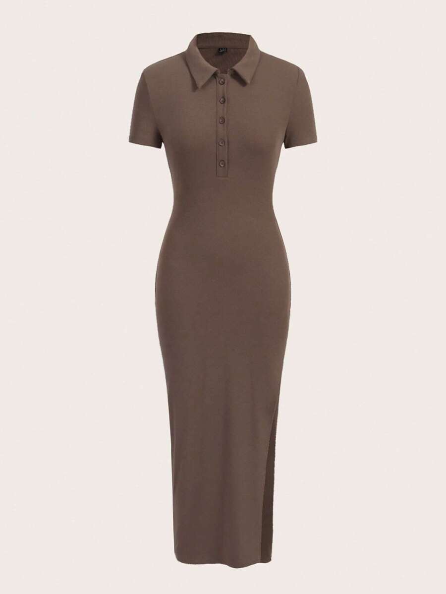 Muchica Vestido ajustado de cuello polo de muslo con abertura unicolor - Marrón Mocha - Ver 1