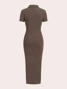 Muchica Vestido ajustado de cuello polo de muslo con abertura unicolor - Marrón Mocha - Ver 2