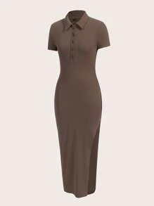 Muchica Vestido ajustado de cuello polo de muslo con abertura unicolor - Marrón Mocha - Ver 3