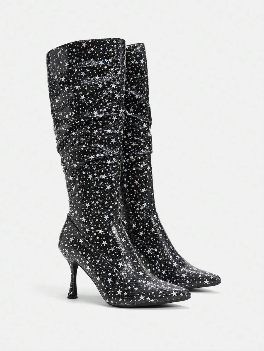CUCCOO SZL 女性星星圖案尖頭酒杯高跟褶皺靴,時尚戶外時尚靴子 - 黑色 - 查看 1