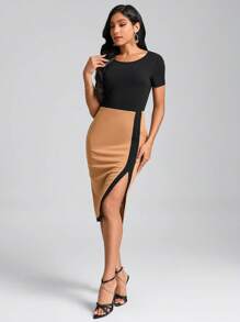 SHEIN Clasi 雙色高衩連衣裙 - 彩色 - 查看 2