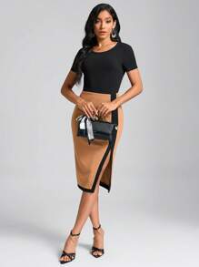 SHEIN Clasi 雙色高衩連衣裙 - 彩色 - 查看 1