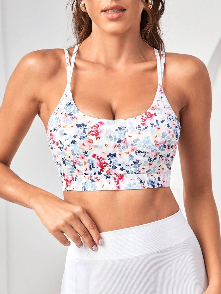 Easithlete Floral Print Crisscross Back Sports Bra - Multicolor - View 1