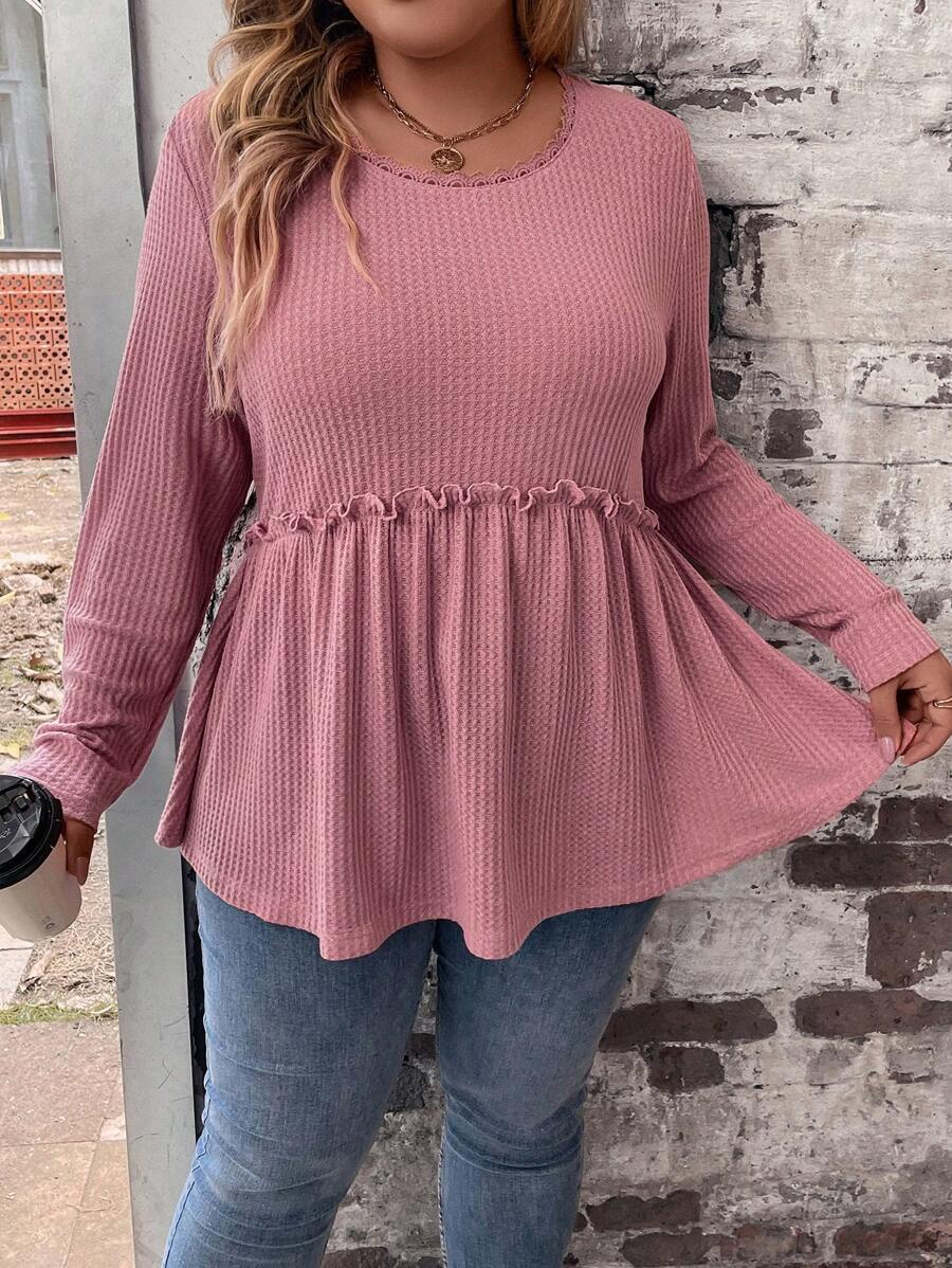 SHEIN LUNE 純色荷葉邊荷葉邊T恤 - 藕粉色 - 查看 1