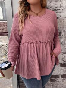 SHEIN LUNE 純色荷葉邊荷葉邊T恤 - 藕粉色 - 查看 4