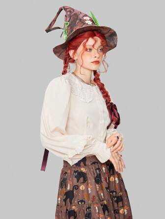 Fairycore Camisa de cuello exagerado de manga farol