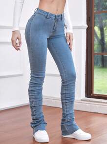 SHEIN Frenchy Solid Stacked Jeans - Light Wash - View 3