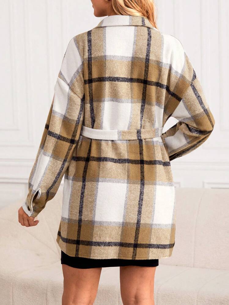 SHEIN הריונית הדפס משובץ כתף חשופה חגורה מעיל - ריבוי צבעים - ראה 3