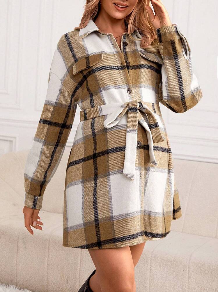 SHEIN הריונית הדפס משובץ כתף חשופה חגורה מעיל - ריבוי צבעים - ראה 4