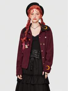 ROMWE Fairycore Cazadora calabaza con bordado con botón delantero de pana - Burdeos - Ver 1