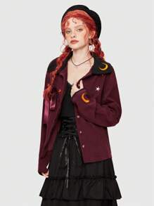 ROMWE Fairycore Cazadora calabaza con bordado con botón delantero de pana - Burdeos - Ver 4