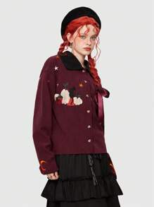ROMWE Fairycore Cazadora calabaza con bordado con botón delantero de pana - Burdeos - Ver 5