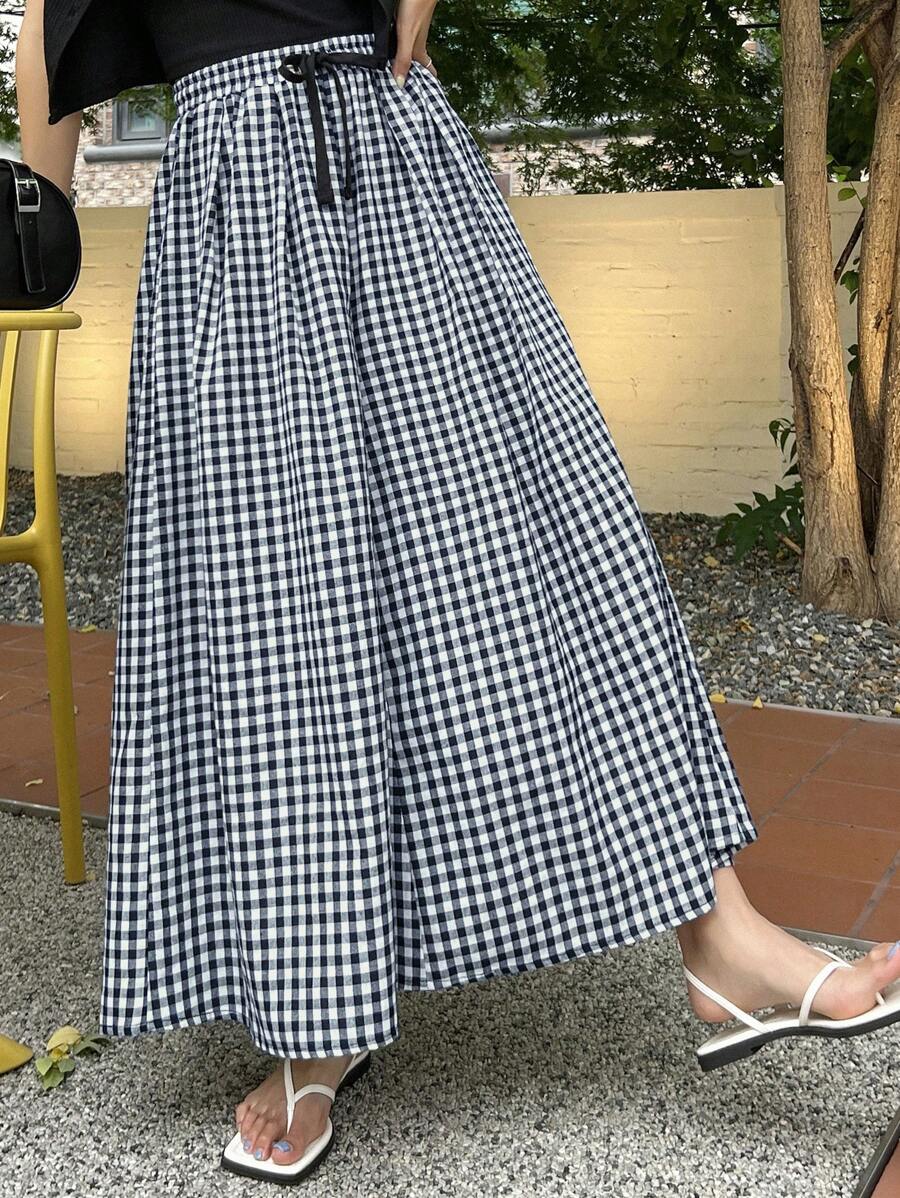 DAZY 格子圖案腰部抽繩闊腿褲 - 藏蓝色 - 查看 1