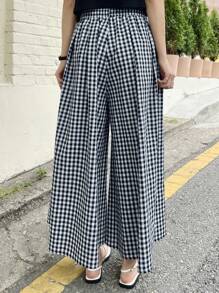 DAZY 格子圖案腰部抽繩闊腿褲 - 藏蓝色 - 查看 2