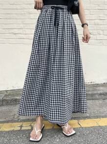 DAZY 格子圖案腰部抽繩闊腿褲 - 藏蓝色 - 查看 4