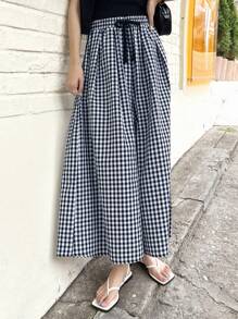 DAZY 格子圖案腰部抽繩闊腿褲 - 藏蓝色 - 查看 5