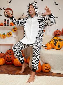 男士萬聖節斑馬紋3D耳朵設計連帽法蘭絨連體睡衣 - 黑與白 - 查看 1