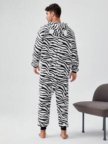 男士萬聖節斑馬紋3D耳朵設計連帽法蘭絨連體睡衣 - 黑與白 - 查看 2