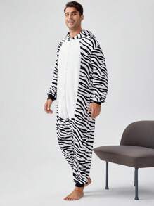 男士萬聖節斑馬紋3D耳朵設計連帽法蘭絨連體睡衣 - 黑與白 - 查看 4