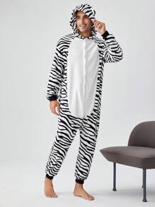 男士萬聖節斑馬紋3D耳朵設計連帽法蘭絨連體睡衣 - 黑與白 - 查看 5