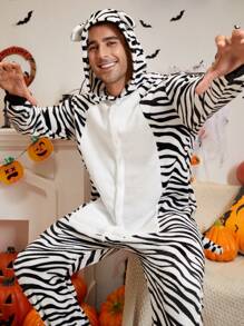 男士萬聖節斑馬紋3D耳朵設計連帽法蘭絨連體睡衣 - 黑與白 - 查看 7