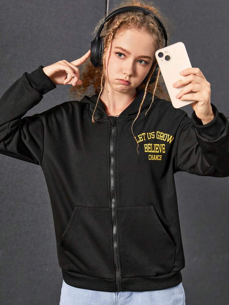 Teen Girl Slogan Graphic Zip Up Drop Shoulder Sweatshirt