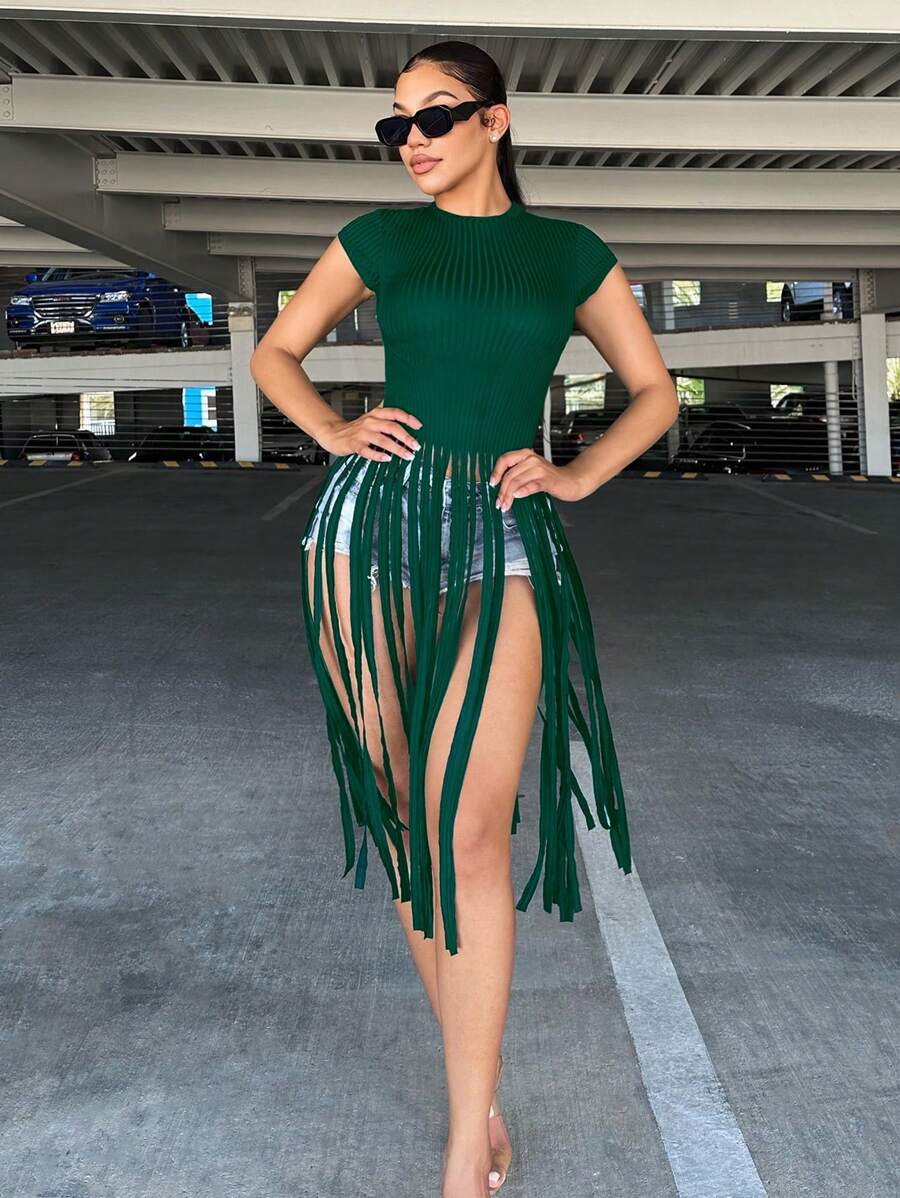 SHEIN SXY Fringe Hem Áo thun - Màu xanh lá cây đậm - Xem 1