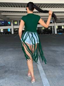 SHEIN SXY Fringe Hem Áo thun - Màu xanh lá cây đậm - Xem 2