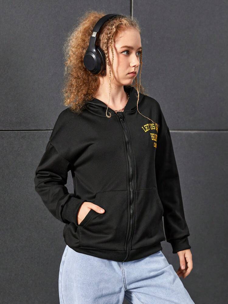 Teen Girl Slogan Graphic Zip Up Drop Shoulder Sweatshirt