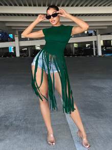 SHEIN SXY Fringe Hem Áo thun - Màu xanh lá cây đậm - Xem 4