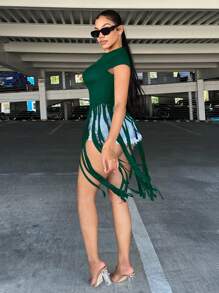 SHEIN SXY Fringe Hem Áo thun - Màu xanh lá cây đậm - Xem 5