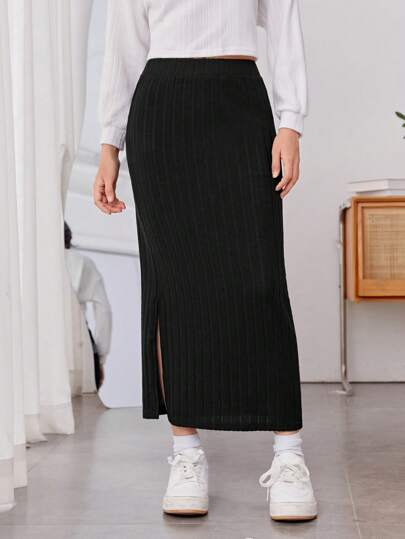 SHEIN 女大童下擺開叉條紋針織半身裙