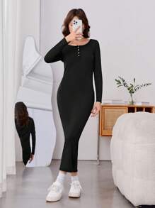 Teen Girls Button Front Ribbed Knit Dress Without Belt - Black - View 1