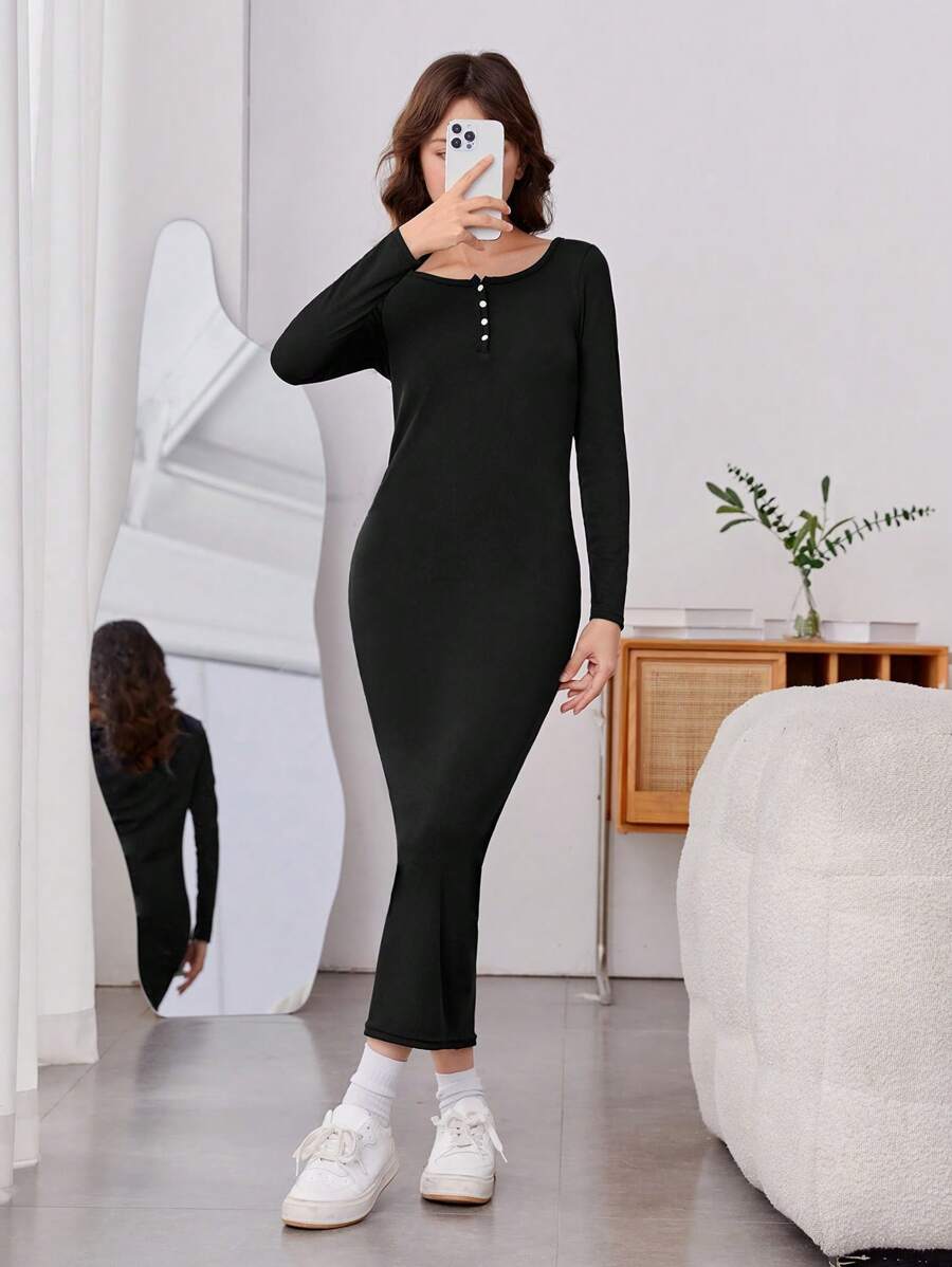 Teen Girls Button Front Ribbed Knit Dress Without Belt - Black - View 1