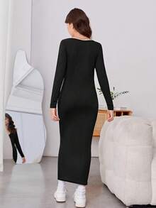 Teen Girls Button Front Ribbed Knit Dress Without Belt - Black - View 2